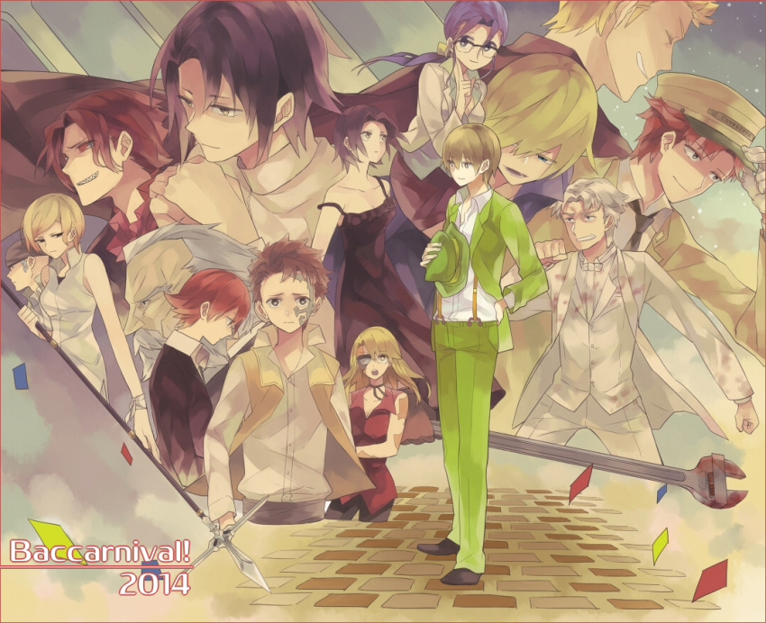6+boys, 6+girls, adele_(baccano!), baccano!, bandana, black_hair, blonde_hair, brown_eyes
