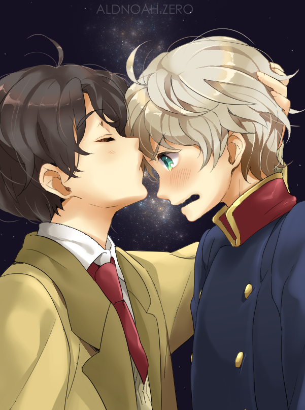 2boys, aldnoah.zero, blush, brown_hair, closed_eyes, forehead_kiss, green_eyes, kaizuka_inaho
