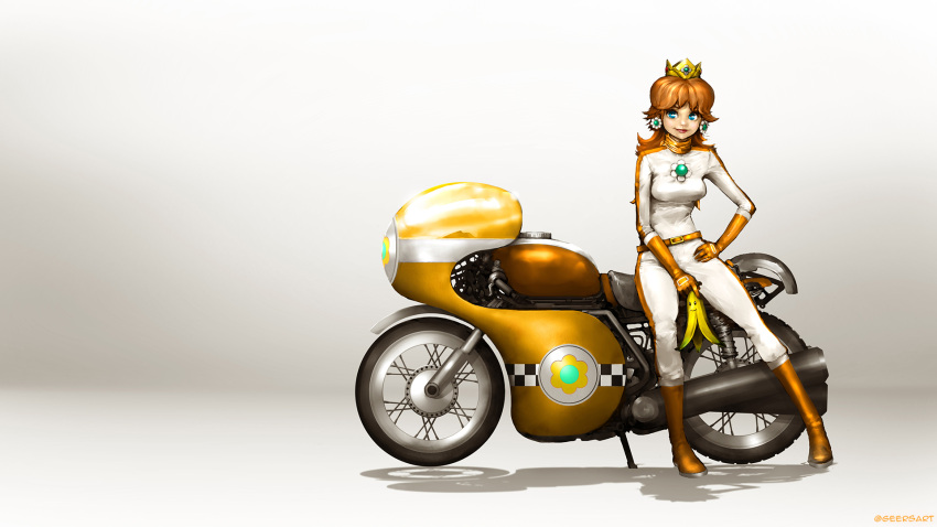 1girl, banana_peel, blue_eyes, boots, breasts, brown_hair, crown, darren_geers