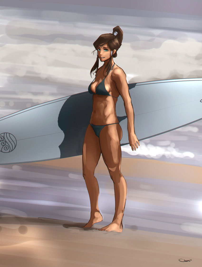 1girl, avatar_legends, barefoot, beach, bikini, blue_eyes, breasts, brown_hair