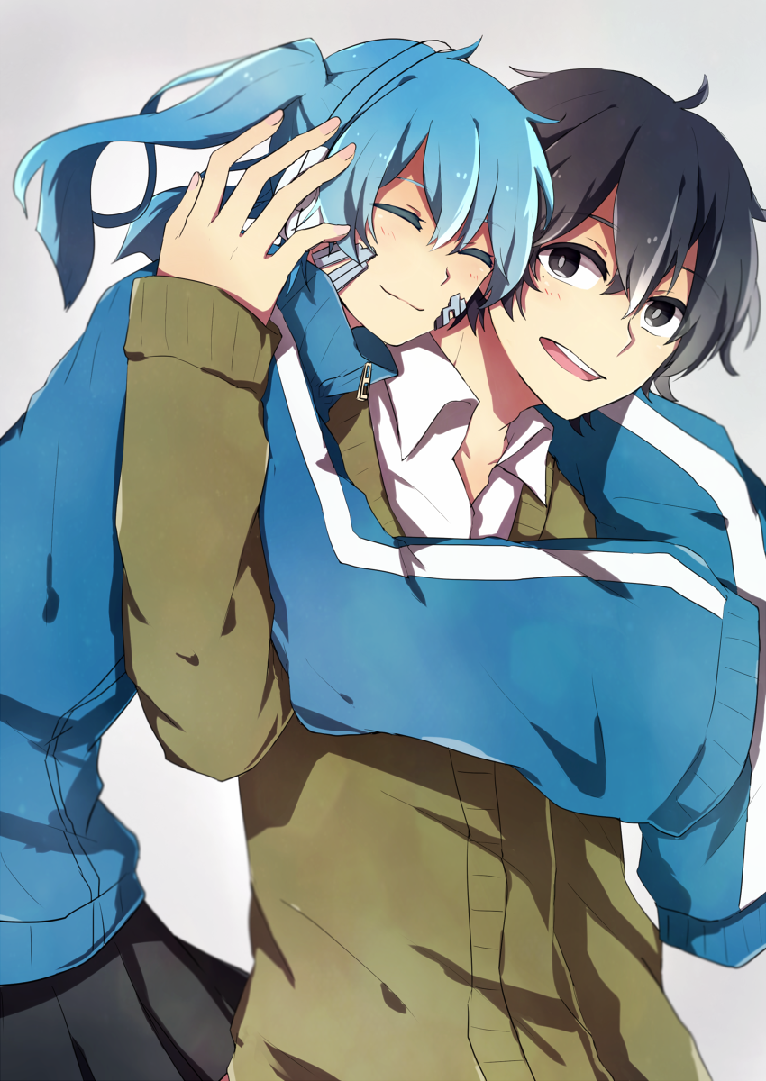 1boy, 1girl, black_hair, blue_hair, closed_eyes, ene_(kagerou_project), headphones, highres