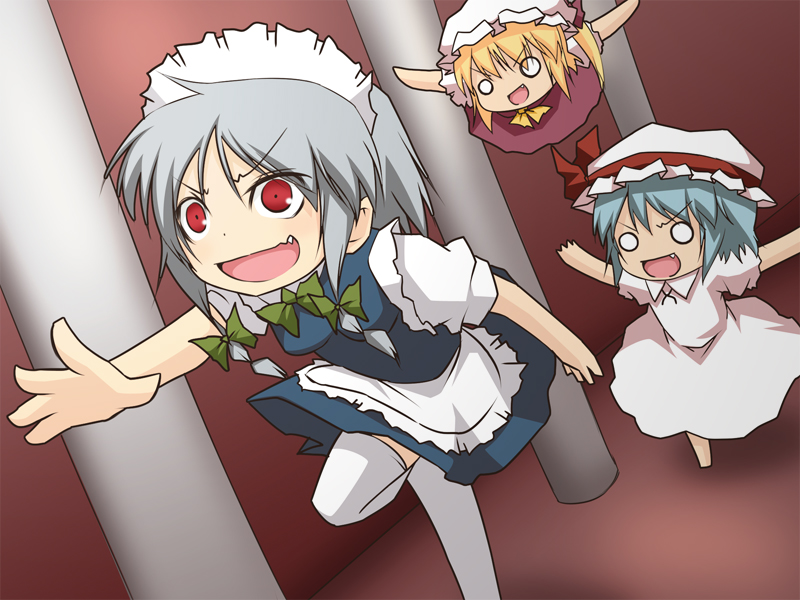 blue_hair, chasing, chibi, dutch_angle, fang, flandre_scarlet, flying, hairband