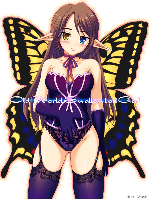 blush, breasts, brown_hair, butterfly_wings, cleavage, elbow_gloves, fairy, garter_belt, genshi, gloves, heterochromia, original, pointy_ears, solo, thigh-highs, thighhighs, wings