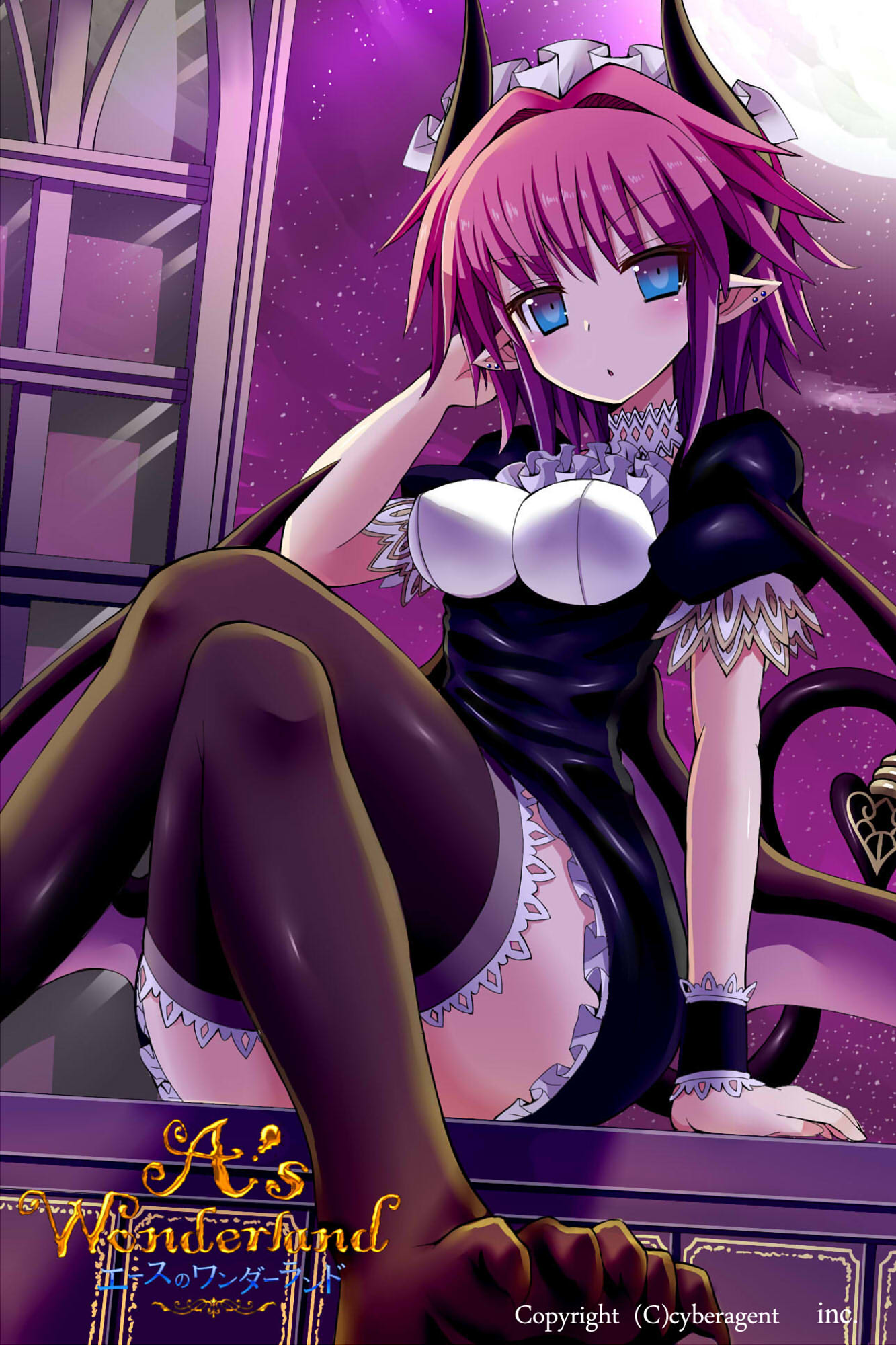 a's_wonderland, arm_support, black_legwear, blue_eyes, blush, breasts, copyright_name, crossed_legs