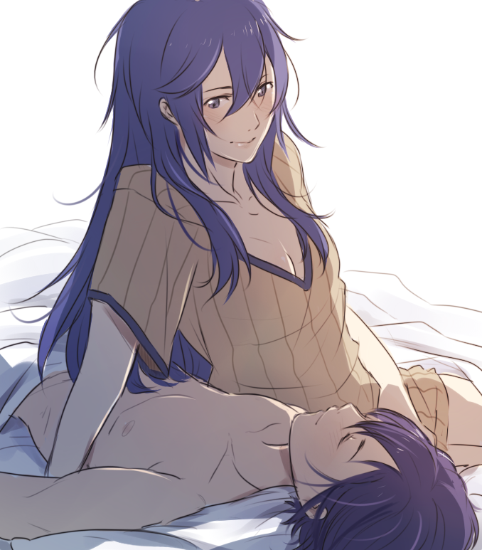 1boy, 1girl, blue_eyes, blue_hair, breasts, cleavage, clothed_female_nude_male, couple