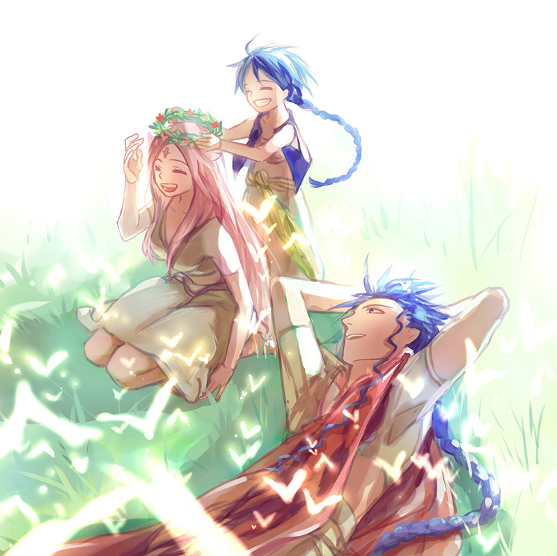 1girl, 2boys, aladdin_(magi), blue_eyes, blue_hair, braid, closed_eyes, family