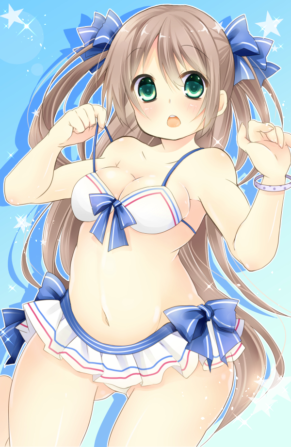 1girl, arms_up, bikini, bikini_skirt, brown_hair, chestnut_mouth, green_eyes, kuroneko0202