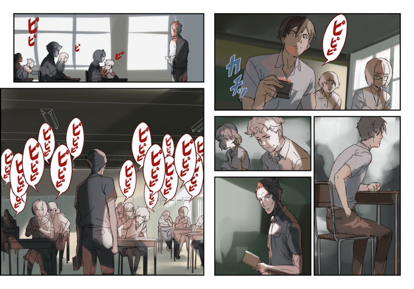 6+boys, 6+girls, classroom, comic, long_hair, makacoon, multiple_boys, multiple_girls