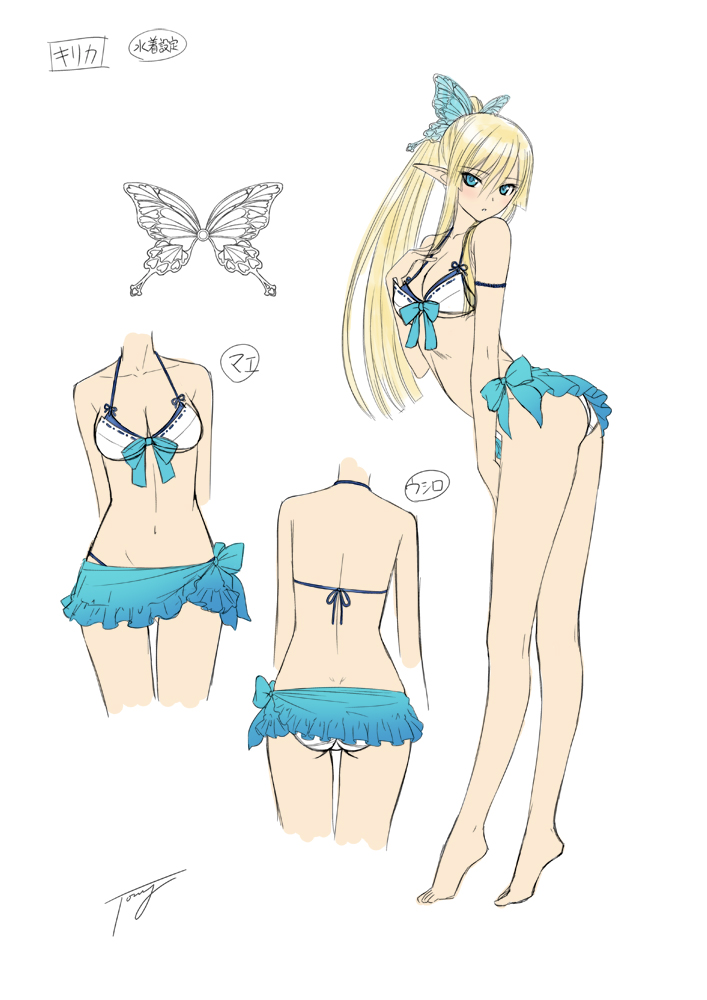 1girl, ass, bare_shoulders, bikini, blonde_hair, blue_eyes, breasts, cleavage