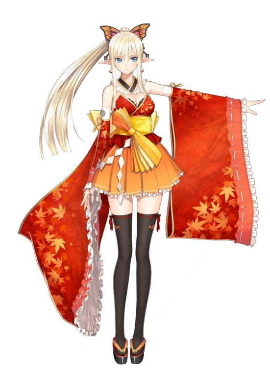 1girl, bare_shoulders, blonde_hair, blue_eyes, breasts, cleavage, earrings, elf, frilled_skirt, frilled_sleeves, frills, hair_ornament, japanese_clothes, jewelry, kirika, lolita_fashion, long_hair, pointy_ears, ponytail, ribbon, ribbon-trimmed_legwear, ribbon-trimmed_sleeves, ribbon_trim, shining, shining_(series), shining_resonance, simple_background, skirt, taka_tony, tanaka_takayuki, thigh-highs, wa_lolita, wide_sleeves