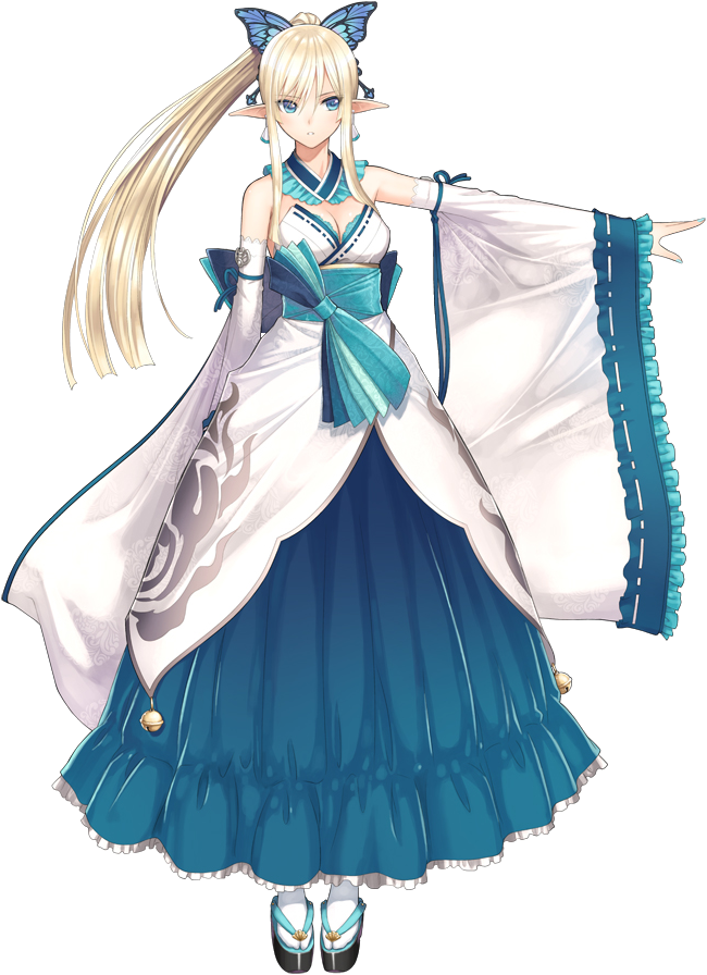 1girl, bare_shoulders, blonde_hair, blue_eyes, breasts, cleavage, earrings, elf