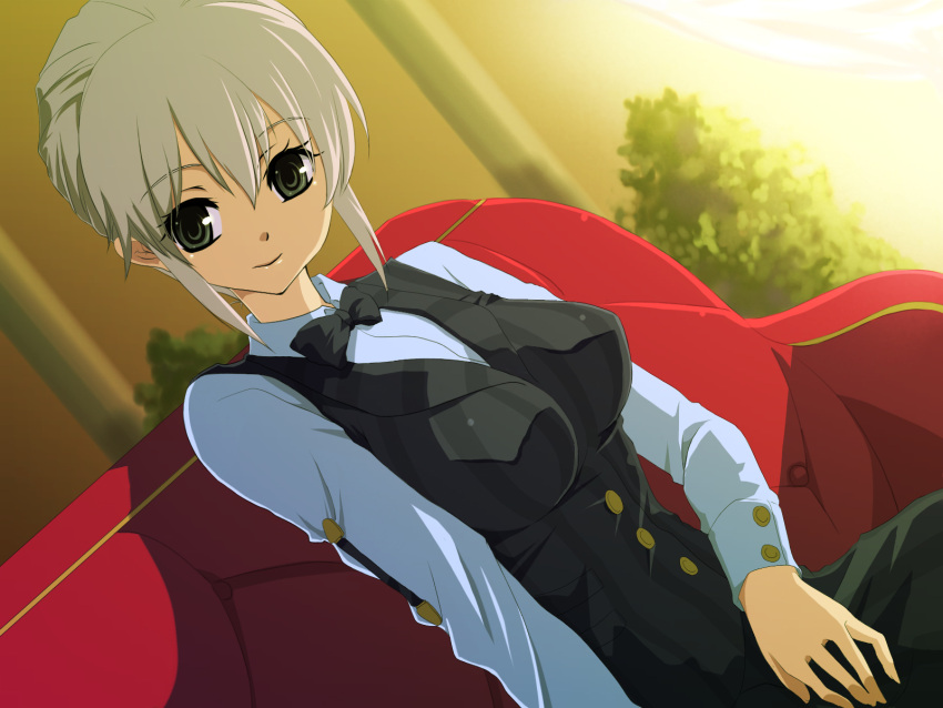 breasts, couch, dream_c_club, green_eyes, highres, hiiro_(kikokico), receptionist_(dream_c_club), sitting
