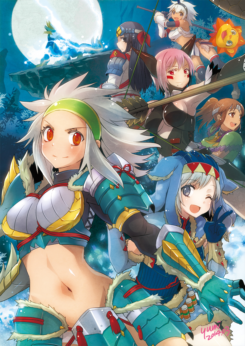 armor, arzuros_(armor), blue_eyes, blush, breasts, brown_hair, character_request, cleavage, gigginox_(armor), gloves, hat, headband, horns, jhen_mohran_(armor), kirin_(armor), long_hair, midriff, monster_hunter, moon, multiple_girls, navel, night, night_sky, open_mouth, pink_hair, qurupeco_(armor), red_eyes, short_hair, silver_hair, sky, smile, weapon, yumi_yumi, zinogre, zinogre_(armor)
