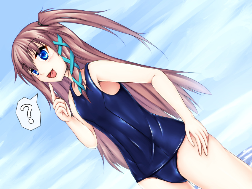 1girl, blue_eyes, fingers, highres, original, question_mark, school_swimsuit, shiny, shiny_clothes, spe_(a-spex), swimsuit, tagme, tongue, tongue_out