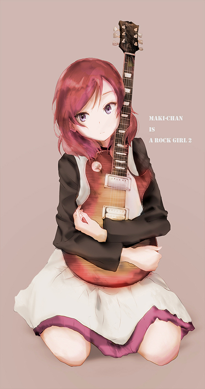 brown_eyes, electric_guitar, guitar, instrument, ivioss, kneeling, love_live!_school_idol_project, nishikino_maki