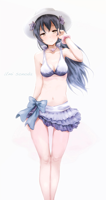 1girl, bikini, blue_hair, brown_eyes, hat, ivioss, love_live!_school_idol_project, ribbon