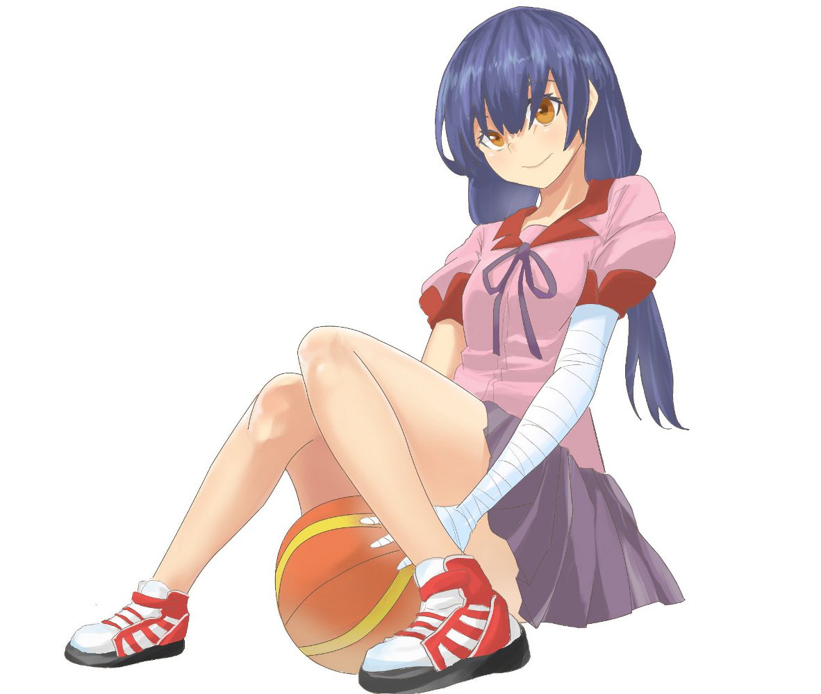 1girl, bandages, basketball, black_hair, brown_eyes, hanamonogatari, kanbaru_suruga, kosdsp