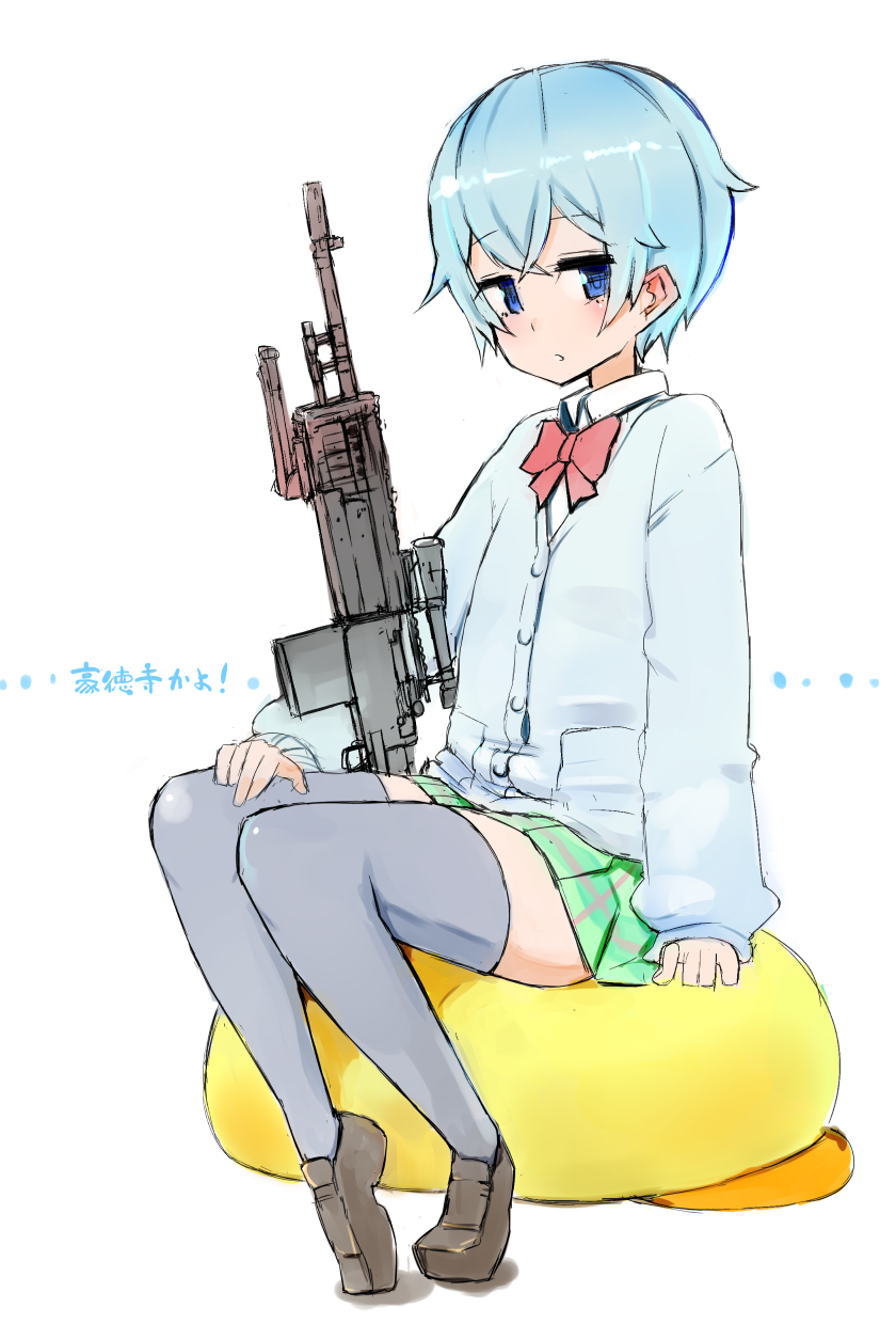 1girl, assault_rifle, battle_rifle, blue_eyes, blue_hair, bowtie, cardigan, character_name