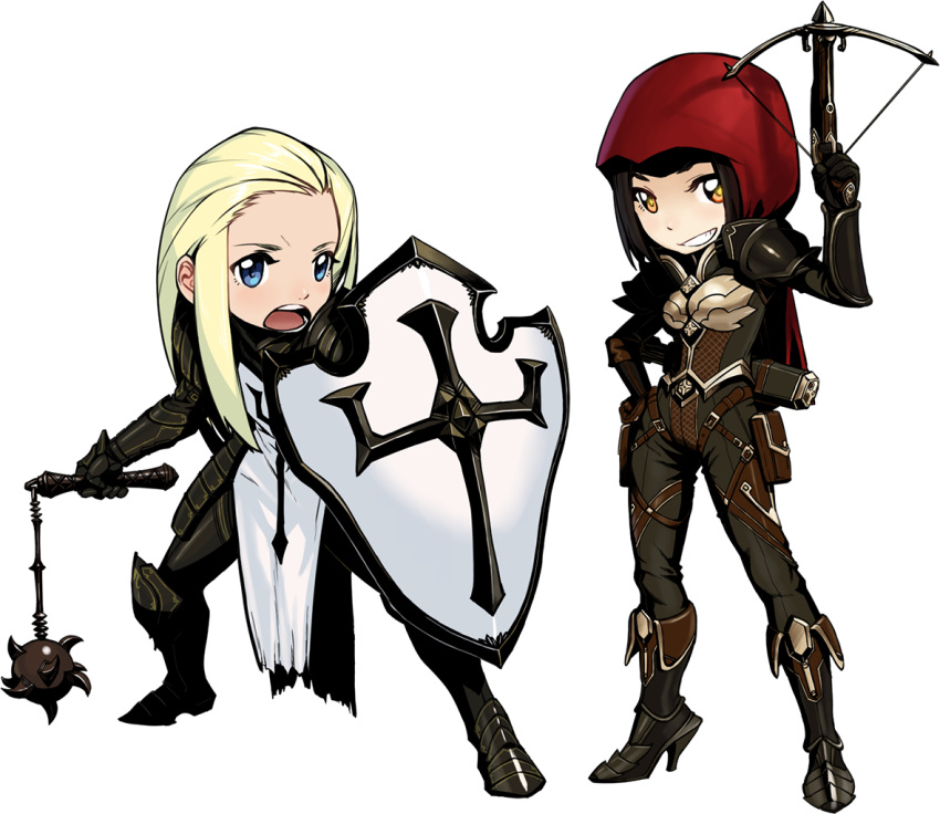 2girls, :o, arm_up, armor, black_hair, blonde_hair, blue_eyes, bodysuit