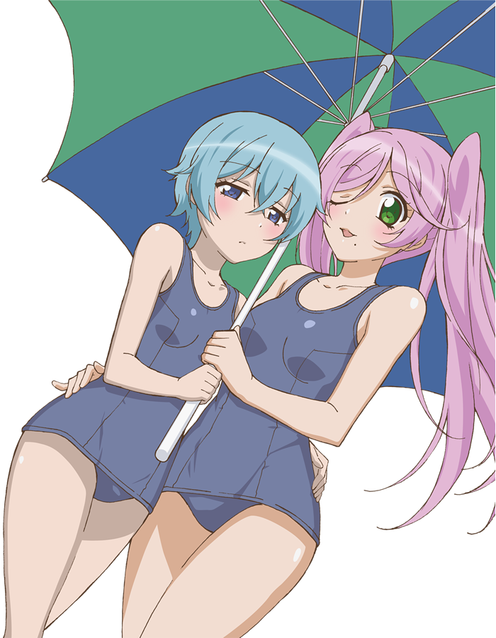 2girls, aqua_hair, blue_eyes, breasts, goutokuji_kayo, green_eyes, hand_on_another's_hip, kasugano_urara_(sabagebu!)