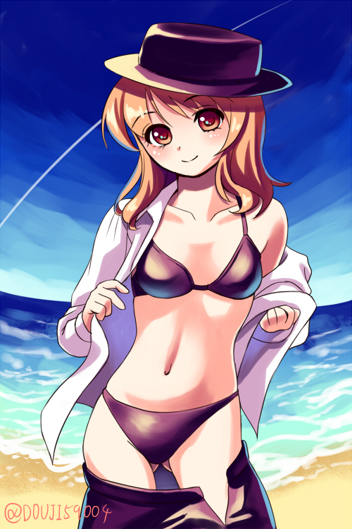 1girl, beach, bikini, black_bikini, blush, brown_eyes, collarbone, douji