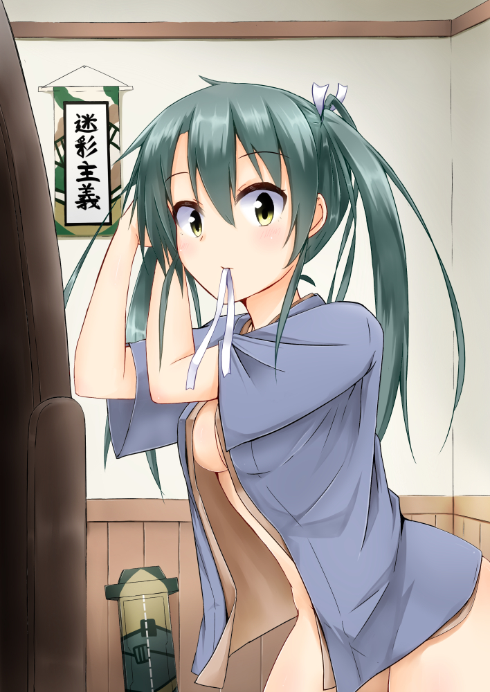 1girl, adjusting_hair, blush, breasts, brown_eyes, flight_deck, grey_hair, hair_ribbon