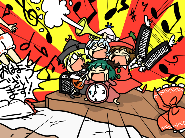 5girls, alarm_clock, amplifier, animal_ears, blonde_hair, bloomers, blue_hair, bow