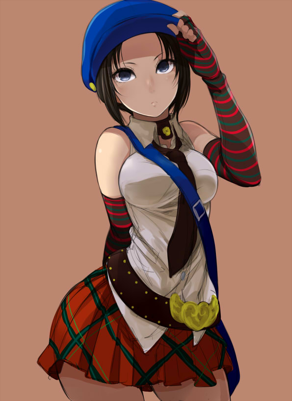 1girl, bag, belt, black_hair, blue_eyes, elbow_gloves, fingerless_gloves, gloves