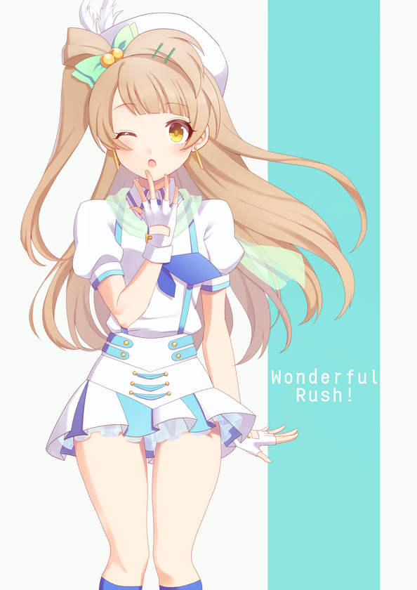 1girl, ;o, akk1, blush, brown_hair, fingerless_gloves, gloves, hair_ornament