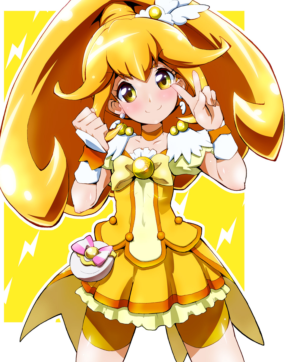 1girl, bike_shorts, blonde_hair, choker, cure_peace, highres, iruka-margarine, kise_yayoi, looking_at_viewer, magical_girl, ponytail, precure, skirt, smile, smile_precure!, solo, v, yellow_background, yellow_eyes, yellow_skirt