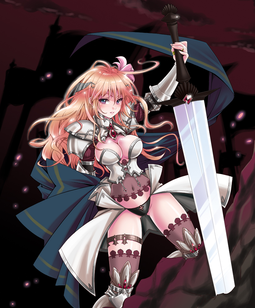amami_yukino, armor, battleline, blonde_hair, blue_eyes, breasts, cleavage, fantasy, fingernails, glowing, huge_weapon, jewelry, large_breasts, long_hair, midriff, navel, original, panties, petals, ring, solo, sword, thigh-highs, thighhighs, weapon