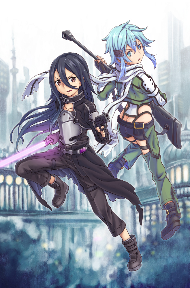 1boy, 1girl, anti-materiel_rifle, aqua_eyes, aqua_hair, black_hair, breastplate, brown_eyes
