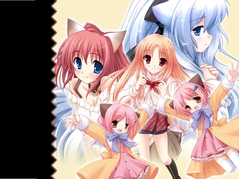 amber_eyes, animal_ears, blue_eyes, blue_hair, blush, boots, bow, breasts, cat_ears, child, cleavage, collar, dote_up_a_cat, dr_crane, dress, everyone, faye_mcclintock, game_cg, group, hair_ornament, hairclip, hcg, inuzumi_masaki, kneehighs, loli, long_hair, multiple_girls, nami_(nekokawaigari), natsume_eri, nekokawaigari, nekomimi, norma, off_shoulder, orange_hair, outstretched_arms, pink_hair, plaid, red_eyes, red_hair, redhead, school_uniform, short_hair, skirt, socks, spread_arms, thighhighs, umi, very_long_hair, wallpaper, white_legwear, yellow_eyes, zettai_ryouiki
