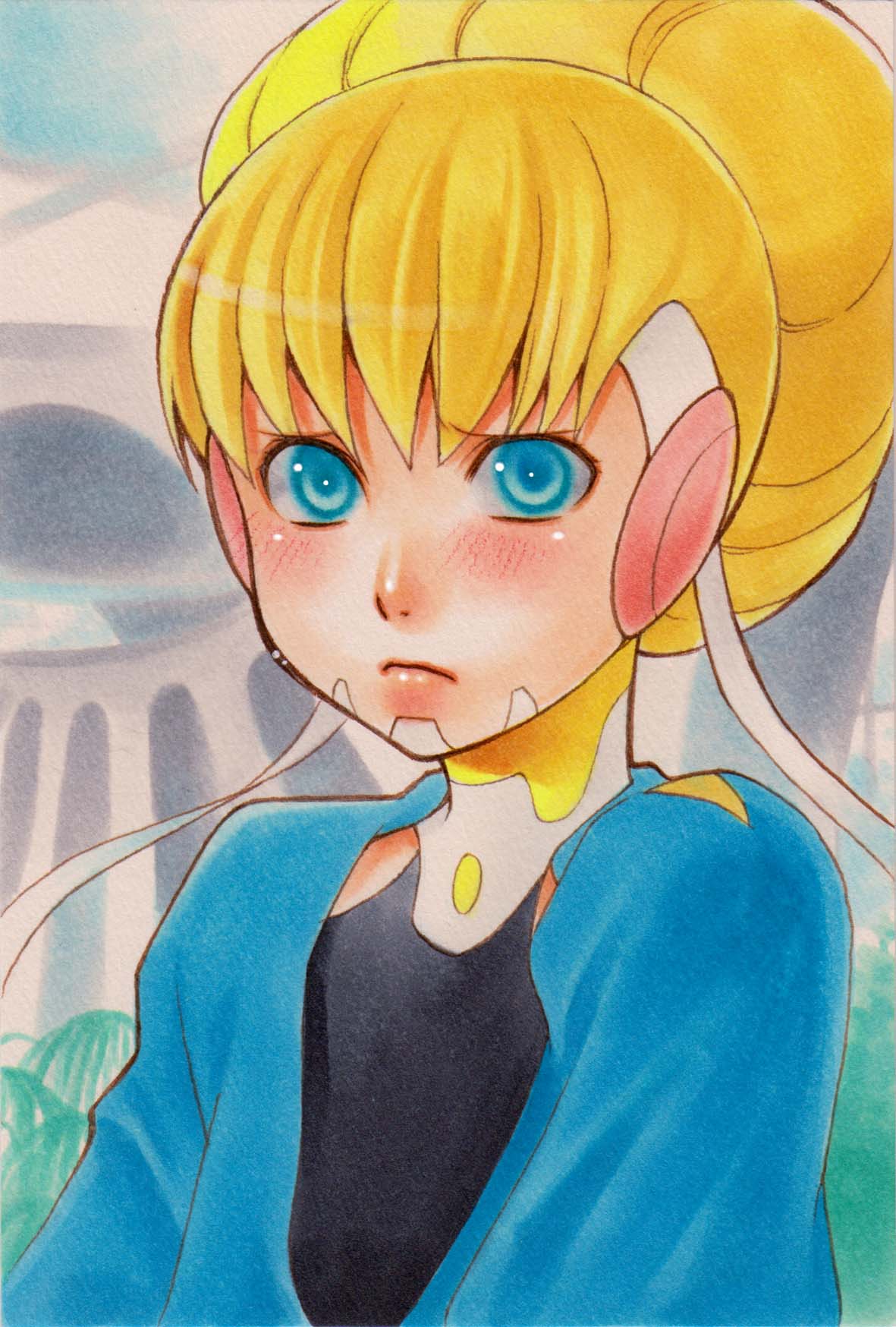 1girl, adelie_(space_dandy), blonde_hair, blue_eyes, blush, hair_bun, highres, looking_at_viewer