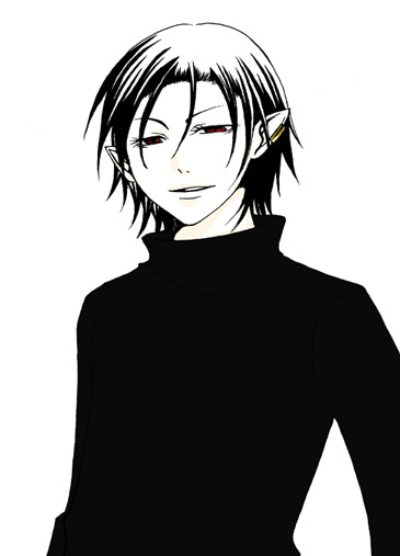 earrings, homunculus, jewelry, pointy_ears, red_eyes, shadow_of_destiny, shadow_of_memories, smile, turtleneck