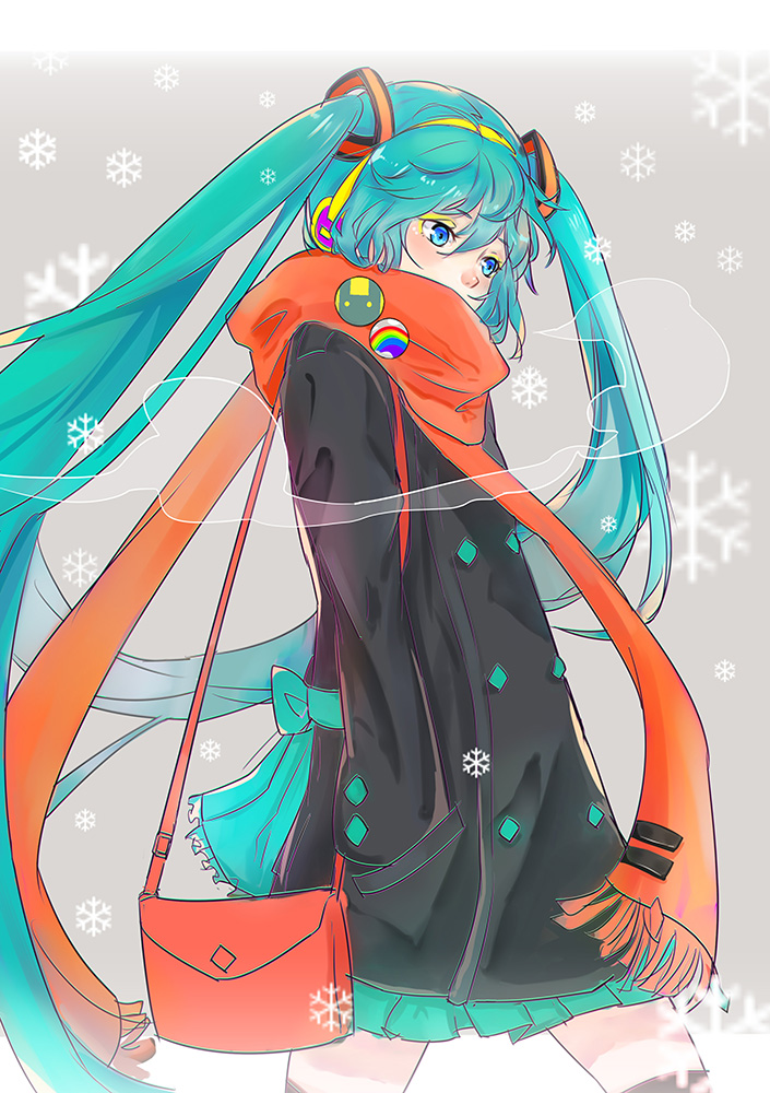 aqua_eyes, aqua_hair, bag, coat, earmuffs, hand_in_pocket, hatsune_miku, long_hair