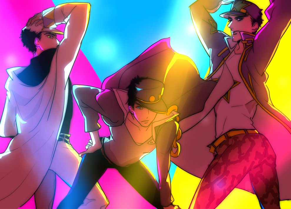 3boys, black_hair, hat, hu_(saimens), jojo_no_kimyou_na_bouken, kill_la_kill, kuujou_joutarou, long_coat, matthew_mercer, mikisugi_aikurou, multiple_boys, multiple_persona, parody, pose, seiyuu_connection, snakeskin_print