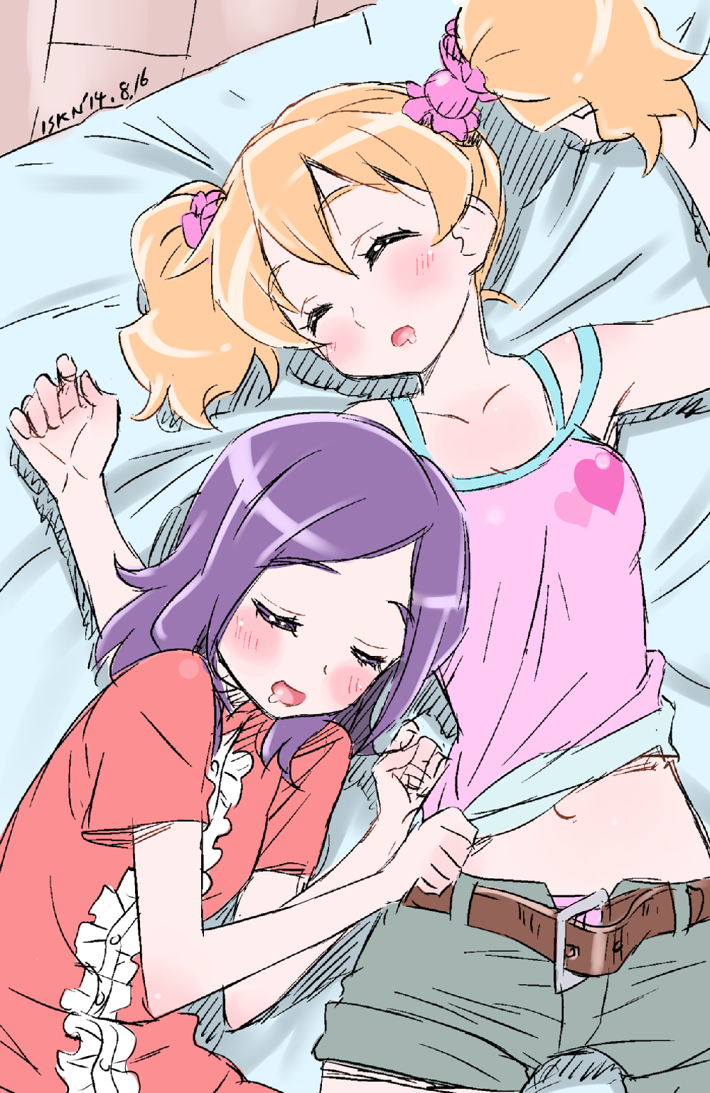 2girls, arms_up, belt, blonde_hair, blush, closed_eyes, clothes_grab, fresh_precure!