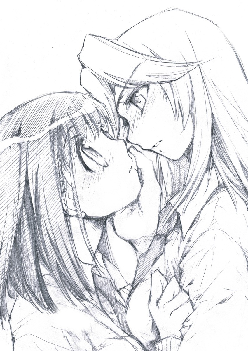 absurdres, black_hair, blazer, blue, blush, caress, eye_contact, graphite_(medium)