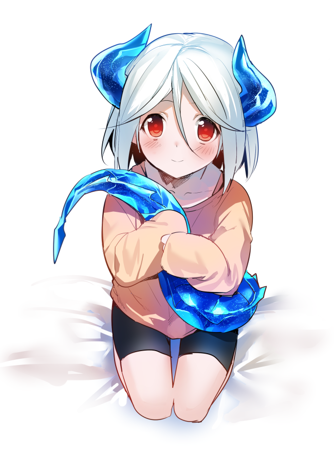 1boy, androgynous, bike_shorts, blush, dragon_boy, dragon_horns, dragon_tail, erubo