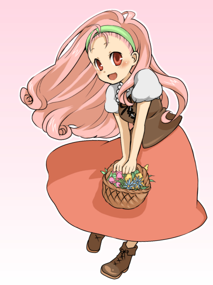 :d, basket, blush, boots, corset, flower, hairband, harvest_moon, harvest_moon:_friends_of_mineral_town, headband, long_hair, open_mouth, pink_hair, popuri_(harvest_moon), red_eyes, simple_background, skirt, smile, solo