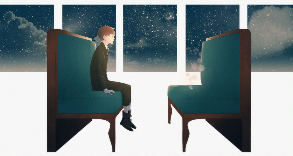 1boy, campanella_(ginga_tetsudou_no_yoru), formal, ginga_tetsudou_no_yoru, necktie, night, night_sky, red_eyes