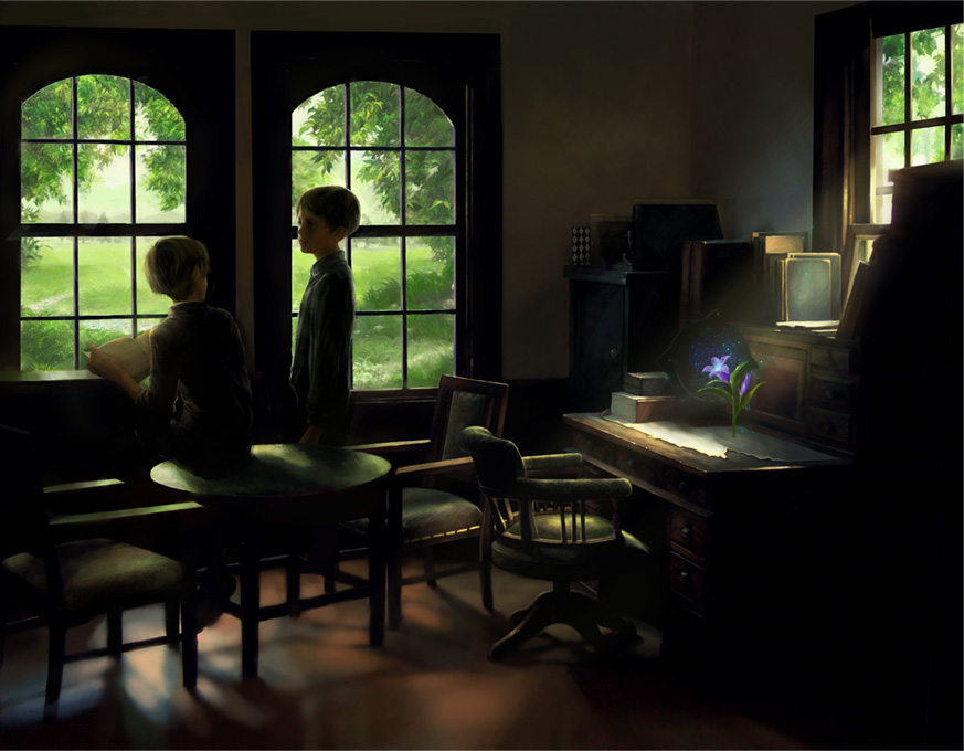2boys, book, bookshelf, brown_hair, campanella_(ginga_tetsudou_no_yoru), desk, flower, formal