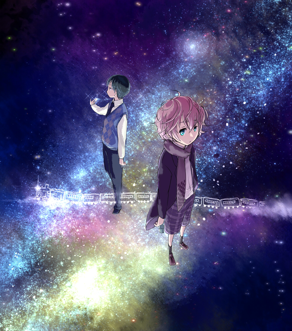 2boys, black_hair, blue_eyes, brown_hair, campanella_(ginga_tetsudou_no_yoru), ginga_tetsudou_no_yoru, giovanni_(ginga_tetsudou_no_yoru), multiple_boys