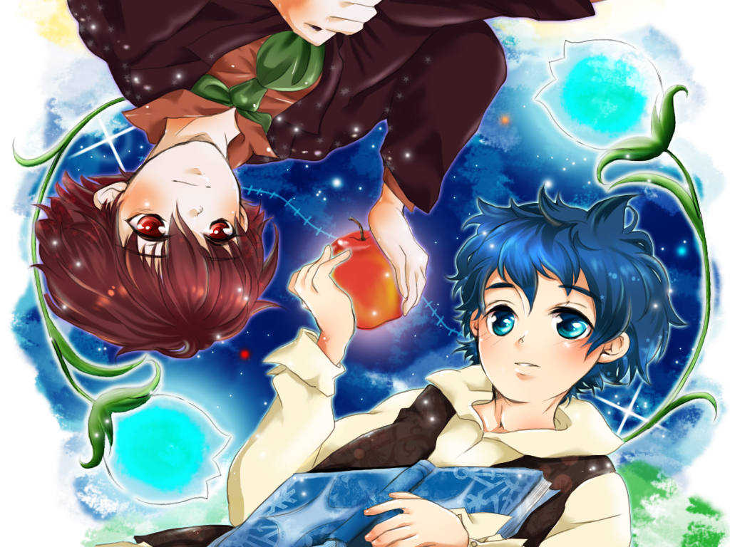2boys, apple, blue_eyes, blue_hair, book, campanella_(ginga_tetsudou_no_yoru), flower, food