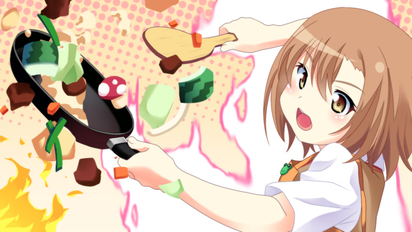 1girl, apron, brown_eyes, brown_hair, cooking, frying_pan, makai_tenshi_djibril, makai_tenshi_djibril_4