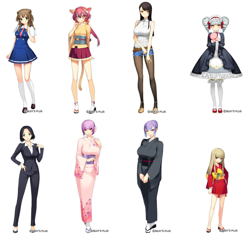 6+girls, age_difference, animal_ears, aoi_(nanairo_reincarnation), arm_behind_back, bangs, bare_shoulders, belt, black_hair, blunt_bangs, breasts, brown_hair, brown_legwear, business_suit, cat_ears, cat_tail, child, cutoffs, denim, denim_shorts, doll, dress, drill_hair, everyone, flat_chest, flower, formal, fox_ears, frills, full_body, fushimi_azusa, fuyou_(nanairo_reincarnation), gothic_lolita, green_eyes, hair_bun, hair_flower, hair_ornament, hairband, halterneck, hand_on_hip, hands_together, hijikata_yumi, holding, huge_breasts, iris_(nanairo_reincarnation), iyo_(nanairo_reincarnation), japanese_clothes, kikyou_(nanairo_reincarnation), kimono, kimono_skirt, kneehighs, lace, large_breasts, lavender_hair, loafers, lolita_fashion, lolita_hairband, long_hair, long_sleeves, looking_at_viewer, low_twintails, mary_janes, miniskirt, multiple_girls, nanairo_reincarnation, necktie, no_socks, obi, orange_eyes, over-kneehighs, pant_suit, pants, pantyhose, pink_hair, pleated_dress, pleated_skirt, purple_hair, ribbed_sweater, ribbon, ribbon-trimmed_legwear, ribbon_trim, sandals, sash, school_uniform, shoes, short_dress, short_hair, short_kimono, short_shorts, shorts, silver_hair, simple_background, skirt, sleeveless, sleeveless_turtleneck, small_breasts, smile, socks, standing, stuffed_animal, stuffed_toy, suit, sumeragi_kohaku, sweater, swept_bangs, tabi, tail, takigawa_kotori, thigh-highs, toeless_socks, turtleneck, twin_drills, twintails, violet_eyes, wa_lolita, white_background, white_legwear, wide_sleeves, wing_collar, yellow_eyes