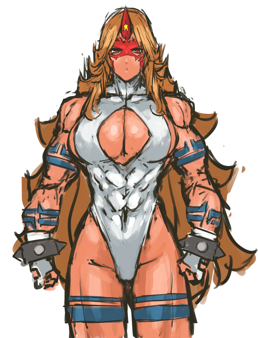 1girl, abs, alternate_costume, bracelet, breasts, brown_hair, chestnut_mouth, cleavage