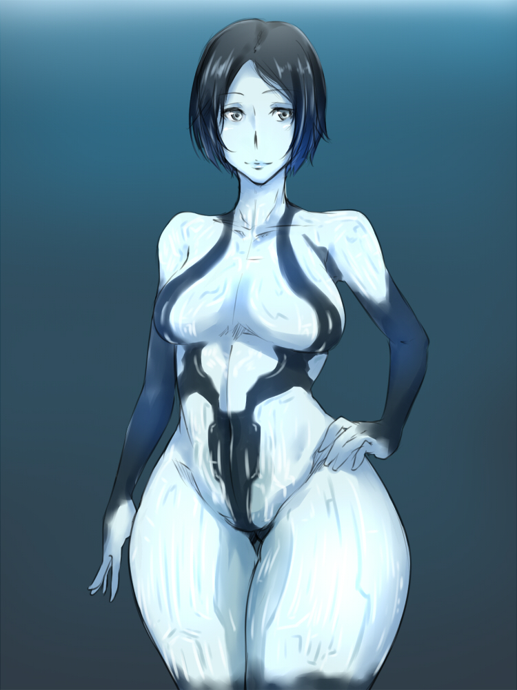 1girl, bare_shoulders, black_background, black_eyes, black_hair, blue_background, breasts, cortana