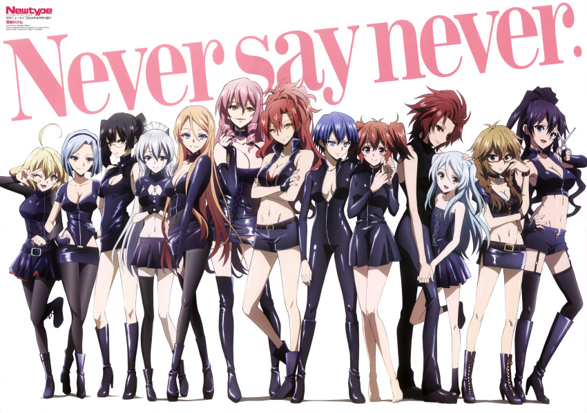 6+girls, absurdres, ahoge, akuma_no_riddle, asymmetrical_legwear, azuma_tokaku, banba_mahiru, barefoot